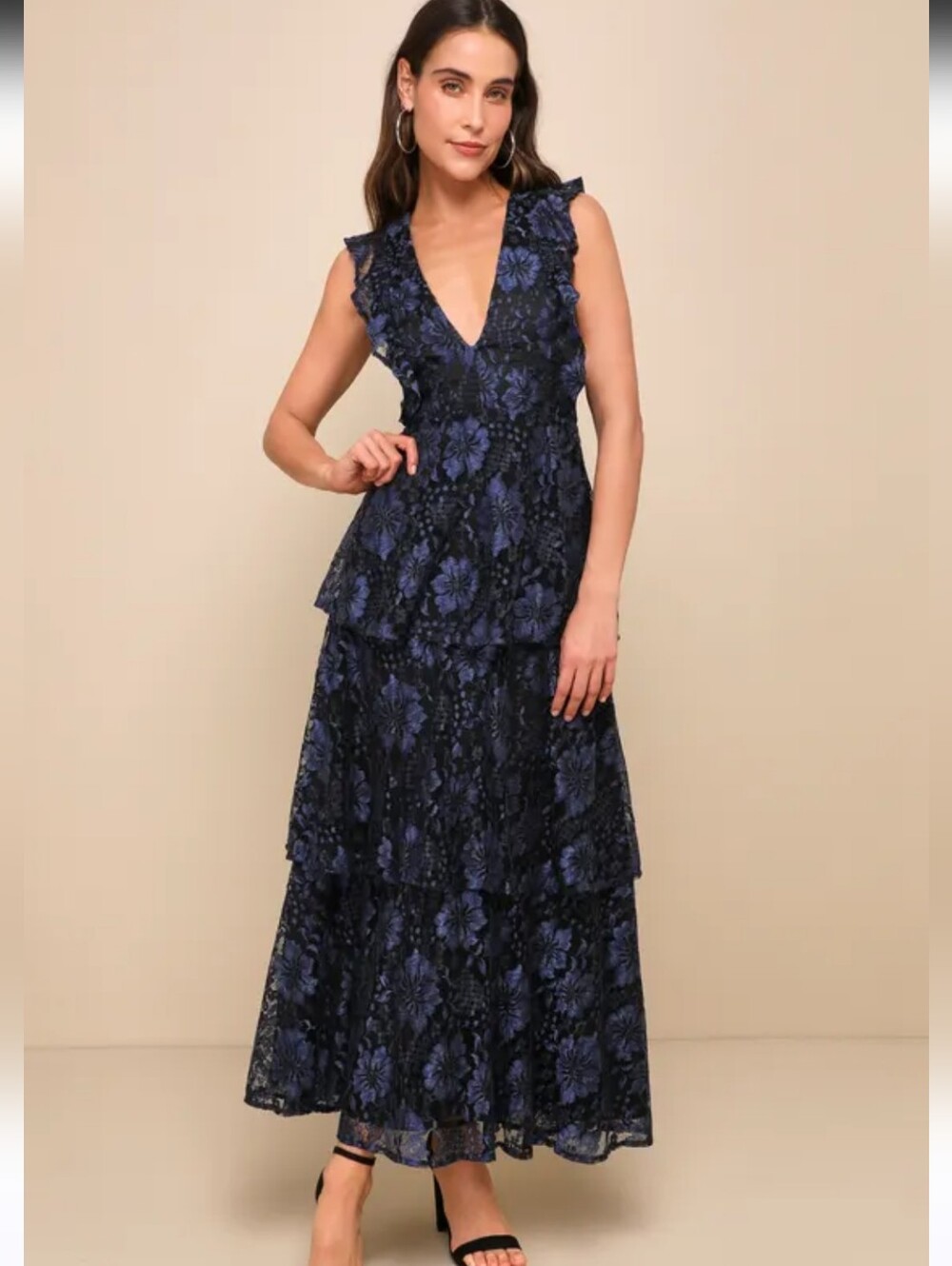 Lulu's Navy and Black Floral Lace Maxi Dress